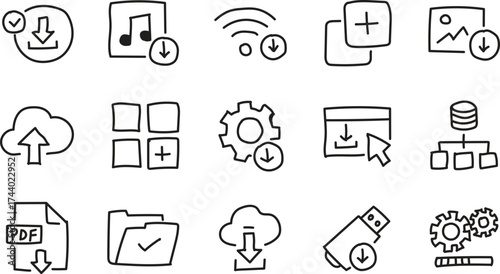 Data Download and Upload Icons Set – Cloud Storage, File Management, System Settings, and Network Line Art