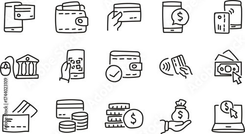 Finance and Payment Icons Set – Digital Banking, Wallet, Money Transfer, and Cash Transaction Line Art