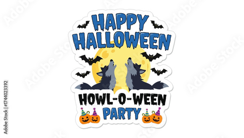 Halloween Howl-o-ween Party: Two howling wolves and bats and pumpkins form a joyful halloween scene that combines festive fun and the spirit of autumn.