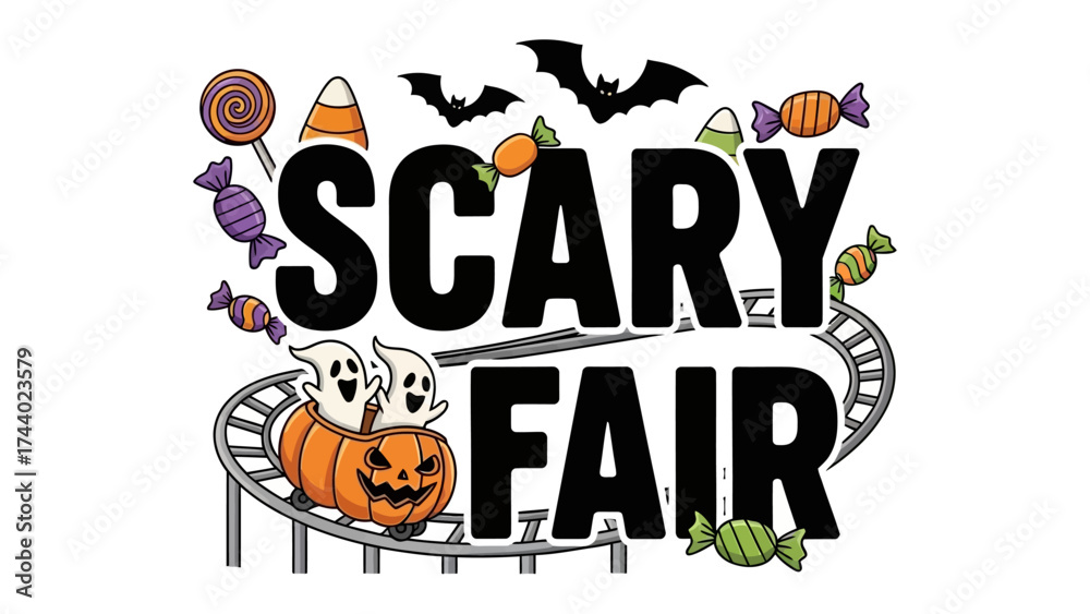 Fototapeta premium Scary Fair Illustration: A festive illustration for a Halloween fair, featuring spooky elements like ghosts, a carved pumpkin, bats, and candy.
