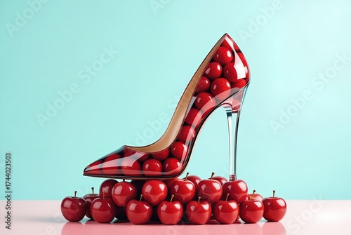Zapato de tacón aguja de acrílico transparente y diseño de manzanas rojas brillantes, esbelto, apoyado en un grupo de manzanas apiladas en dos filas al centro de la imagen, el resto fondo azul claro