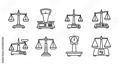 Collection of hand drawn scales of justice and weighing instruments for legal and measurement concepts vector