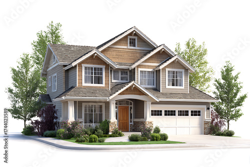 Classic North American Craftsman Style Home with Garage and Landscaping, isolated on a transparent background.