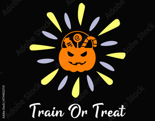 Train Or Treat Pumpkin Kettlebell Halloween Weightlifting - printable editable vector art file.