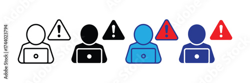 Set of four icons representing people using laptops with warning signs, isolated on transparent background
