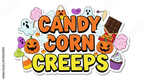 Candy Corn Creeps: Spooky candy corn design, features various Halloween treats, conjuring the spirit of a fun, festive holiday.