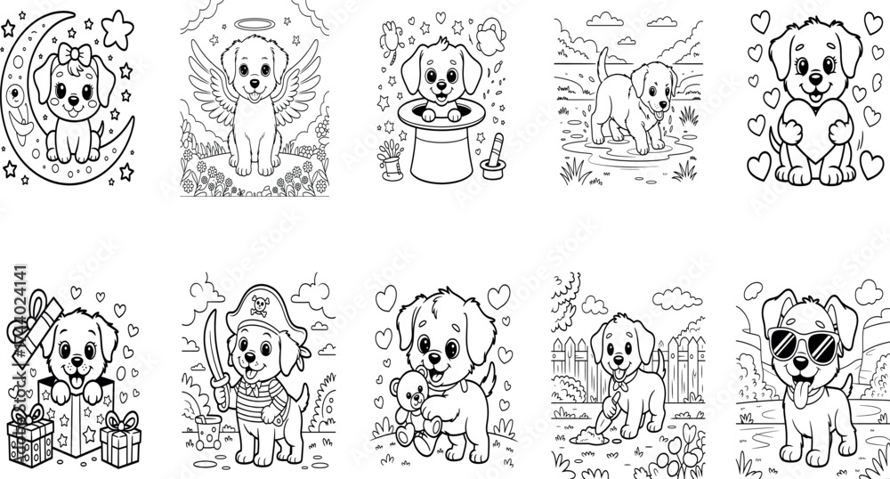Fototapeta premium Playful Puppies – Fun Dog Coloring Vector Pack