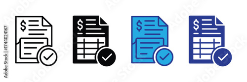 Set of four icons representing financial documents with checkmarks, isolated on transparent background
