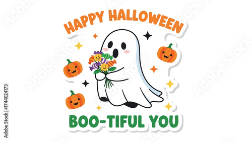 Happy Halloween: A charming cartoon ghost, holding a bouquet of flowers, extends warm wishes amidst festive pumpkins and twinkling stars. Celebrating the essence of Halloween.