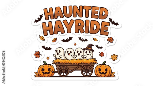 Haunted Hayride: A whimsical and spooky illustration, capturing the essence of Halloween with smiling pumpkins, friendly ghosts, bats, and fall leaves aboard a hay wagon.
