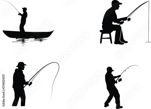 Silhouette of man fishing from a small boat, calm lake scene, vector design