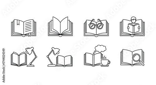 Set of eight simple line art icons depicting books and reading in various open and closed configurations vector