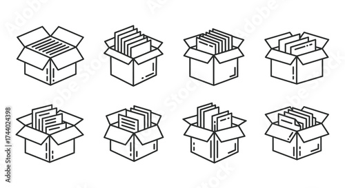 Set of eight hand-drawn cardboard boxes filled with paper documents in isometric perspective vector