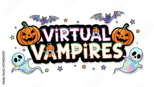 Virtual Vampires: A vibrant digital design features a Halloween-themed logo with a playful design of bats, pumpkins, and ghosts to create an immersive Halloween experience.
