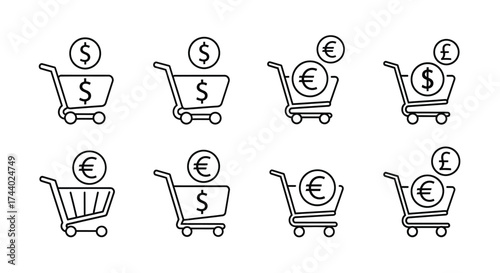 Hand drawn shopping cart icons with currency symbols for commerce and finance concepts vector