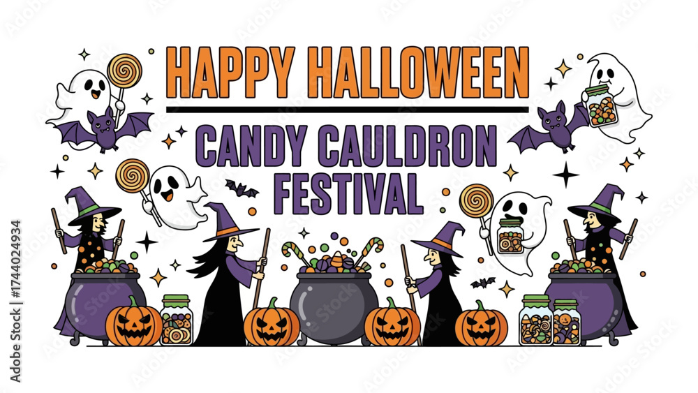 Fototapeta premium Halloween Candy Cauldron Festival Illustration: Spooky Halloween illustration with candy, witch, cauldron and ghost creating a festive atmosphere.