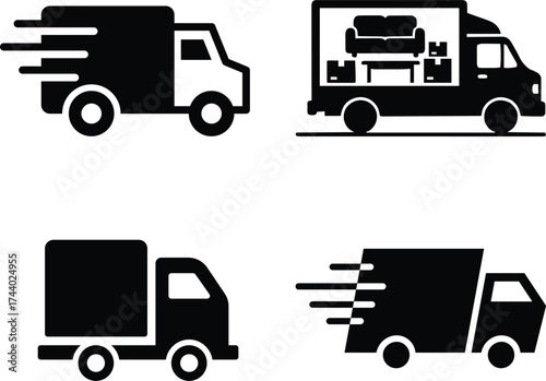 Box truck vector silhouette, solid black, delivery vehicle icon