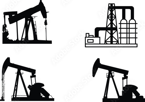Oil pump and gear icon, solid black silhouette, vector illustration