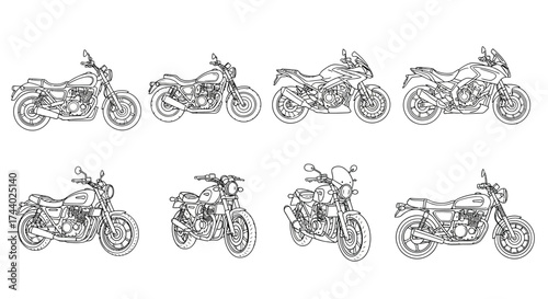 Collection of eight detailed motorcycle sketches for automotive design and transport themes vector
