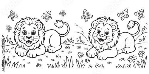 Two adorable cartoon lions with big eyes and fluffy manes are depicted lying in a grassy field with flowers and butterflies.