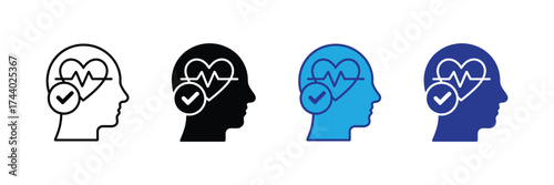 Set of icons representing mental health and wellbeing, including a human head silhouette with a heart and electrocardiogram inside, and a checkmark, isolated on transparent background