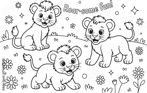 Three adorable lion cubs are depicted in a playful scene, surrounded by flowers and snowflakes, ready for coloring.