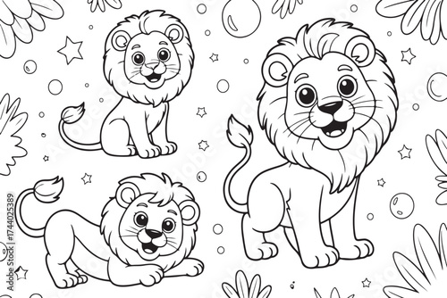 Three adorable lion cubs are depicted in a playful scene, surrounded by flowers and snowflakes, ready for coloring.