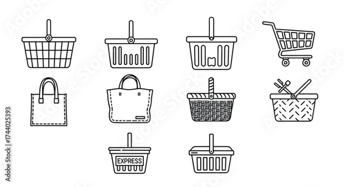 Collection of hand-drawn shopping baskets and cart offering diverse retail and grocery carrying solutions vector