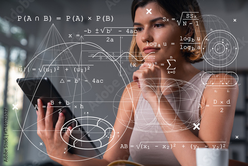 Bild auf Leinwand Woman analyzing complex mathematical formulas on digital tablet with geometry shapes overlayed, symbolizing education and scientific research concept