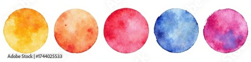 Saturated watercolor circles, diverse sizes, white space, overlapping, painted