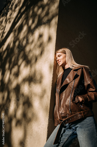 A girl in a leather jacket 7082.