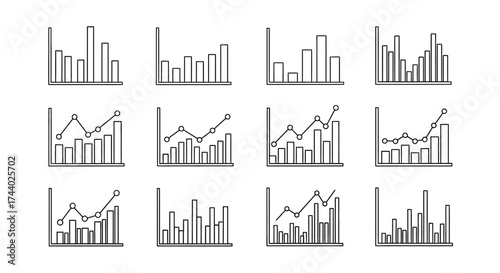 Set of hand drawn bar and line charts representing financial growth and data analysis vector
