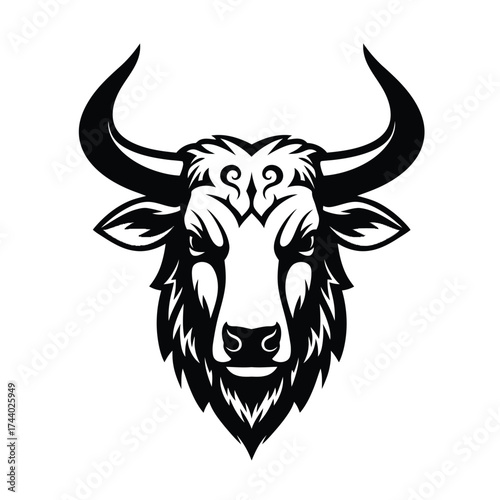 Black and white buffalo head tribal tattoo design Keywords: buffalo, bison, cattle, animal
