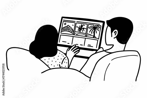 Couple in love relaxing on comfortable couch with laptop, enjoy online shopping through marketplace platform or websites, planning vacation, buying tickets, booking hotels, renting apartment remotely
