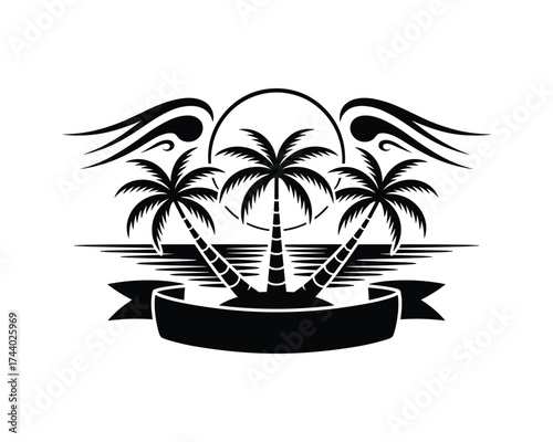  palm trees on a beach with a sun and waves Black silhouette vector 