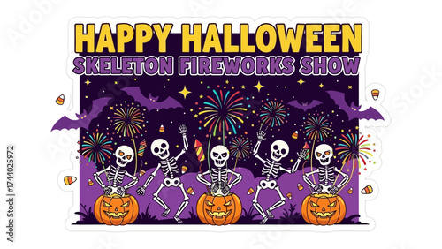 Happy Halloween Skeleton Fireworks Show: A vibrant and festive scene unfolds, celebrating the spooky holiday with skeleton performers, a dazzling fireworks display, and grinning pumpkins. 
