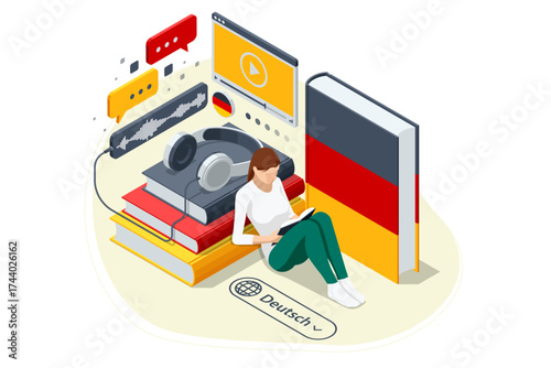 German, Germany Isometric person learning a foreign language with a virtual assistant on a tablet, showcasing modern digital education. Modern AI assistant for education, e-learning