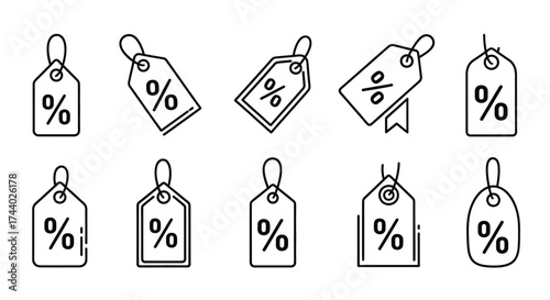 Hand drawn discount tags featuring percentage symbols for sale and savings promotions vector