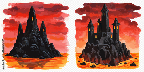 Two dark castles on islands with a fiery sky, fantasy art.
