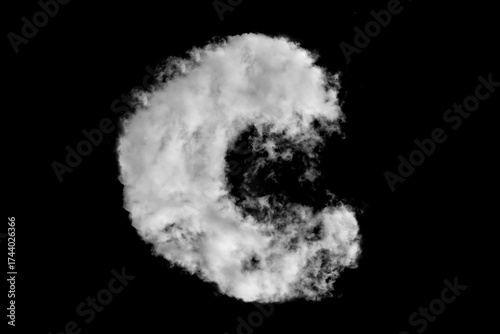 White capital letter C cloud shapes isolated on black background. Cloud alphabet