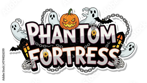 Phantom Fortress: An emblem depicting a spooky Halloween scene, featuring spectral figures, a carved pumpkin, and ominous accents, designed to evoke the spirit of All Hallows' Eve.