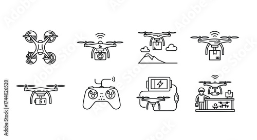 Collection of drone icons featuring quadcopters remote controls and aerial photography equipment vector