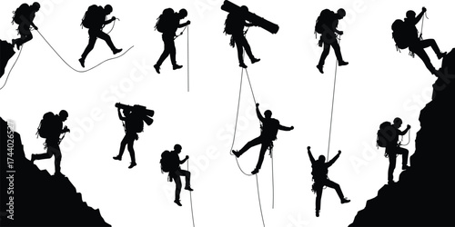 Mountain climber silhouette vector illustration with hiking and rock climbing poses, extreme adventure sport design for outdoor exploration concept