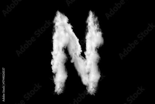 White capital letter N cloud shapes isolated on black background. Cloud alphabet