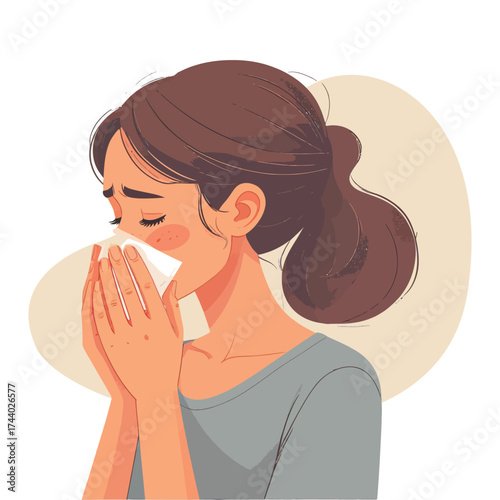 Illustration of a woman sneezing in a flat design style