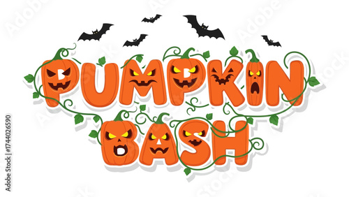 Pumpkin Bash: A festive illustration celebrates a Halloween event with grinning pumpkin letters and playful bats.