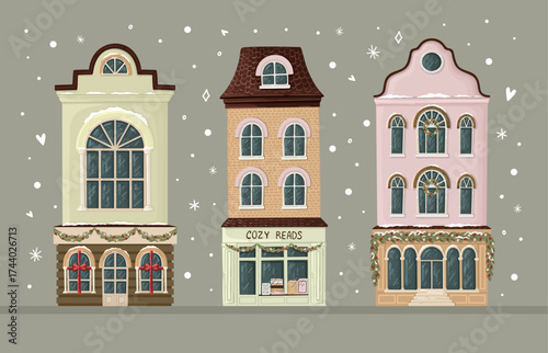 Christmas houses. Winter Dutch buildings. Cute New Year greeting card. Vector.
