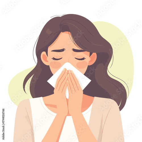 Illustration of a woman sneezing in a flat design style