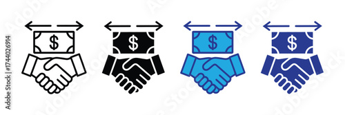Four different styles of handshake icon with dollar bill and double arrow, isolated on transparent background