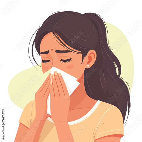 Illustration of a woman sneezing in a flat design style